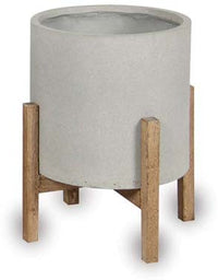 Caliza grey short round stand planter with wooden legs, grey