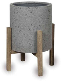 Caliza grey short round stand planter with wooden legs, grey