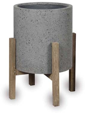 Caliza grey short round stand planter with wooden legs, grey
