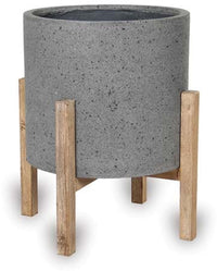 Caliza grey short round stands planter with wood legs