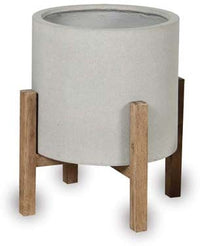 Caliza grey short round stands planter with wood legs, grey