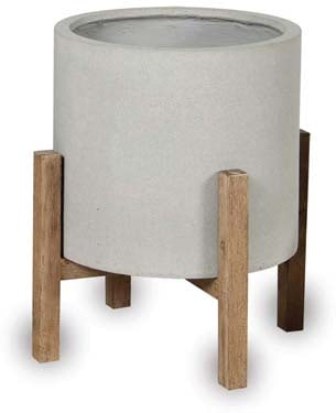 Caliza grey short round stands planter with wood legs, grey