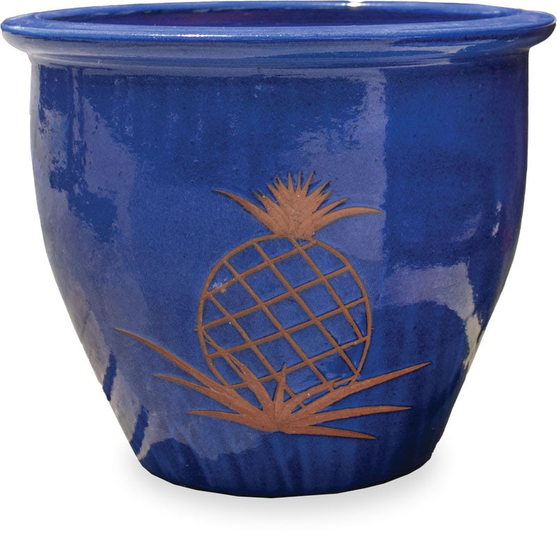 Flor garden pot with carving, blue