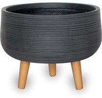 Ola stripes low round pot with wood legs, black