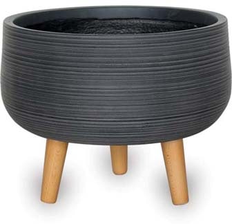 Ola stripes low round pot with wood legs, black
