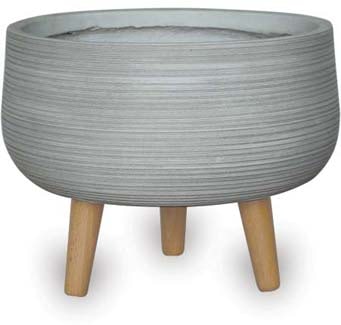 Ola stripes low round pot with wood legs, white
