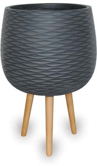 Ola wave round pot with wood legs, black
