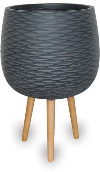 Ola wave round pot with wood legs, black