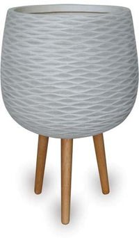 Ola wave round pot with wood legs, white