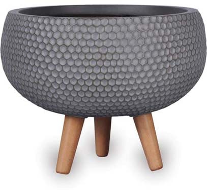 Prisma honeycomb low round pot with wood legs, brown