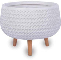Senda low round pot with wooden legs, white
