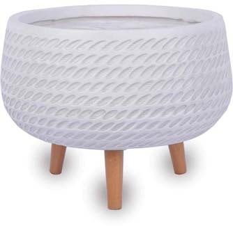Senda low round pot with wooden legs, white