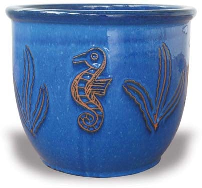 Sol angie pot with seahorse carving, blue