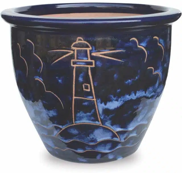 Sol blue garden pot with spiral lighthouse, blue