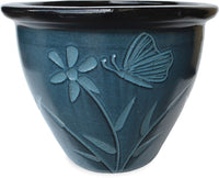 Sol garden planter with butterfly and flower carving, blue