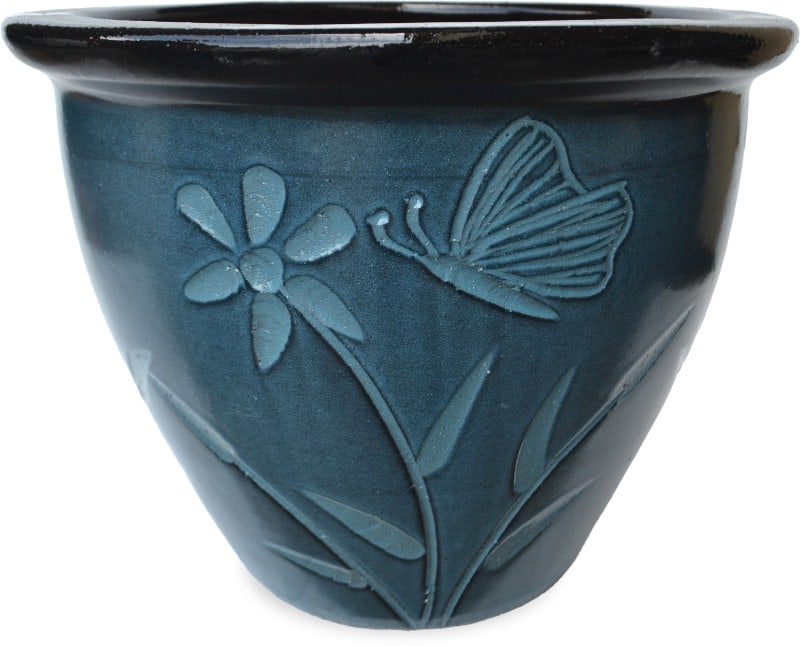 Sol garden planter with butterfly and flower carving, blue