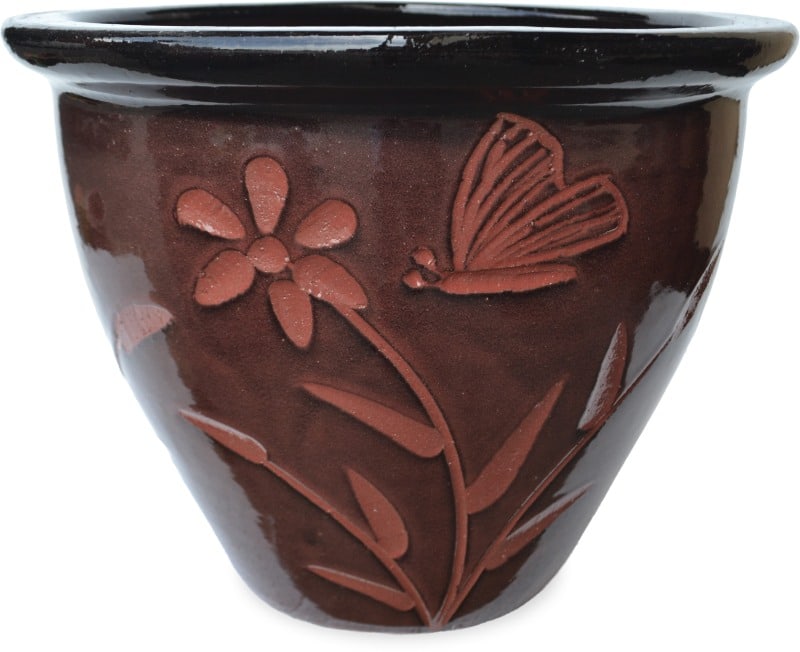 Sol garden planter with butterfly and flower carving, red