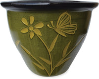 Sol garden planter with butterfly and flower carving, tropical green
