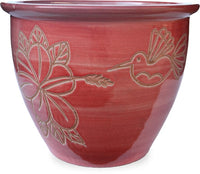 Sol garden planter with hummingbird and hibiscus carving, red