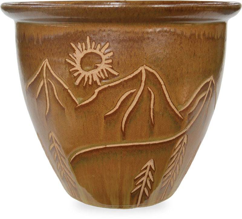 Sol garden planter with mountain carving, gold