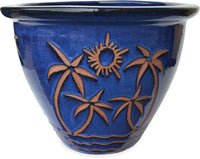 Sol garden planter with palm beach carving, blue