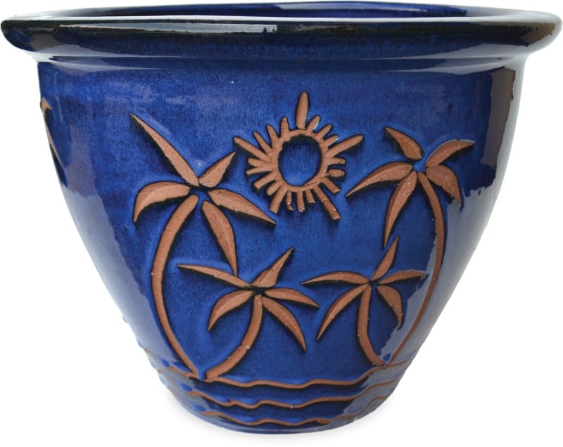 Sol garden planter with palm beach carving, blue