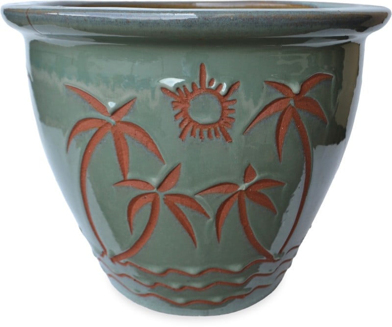 Sol garden planter with palm beach carving, green