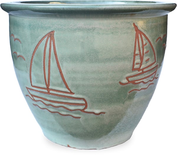Sol garden planter with sailboat carving, jade