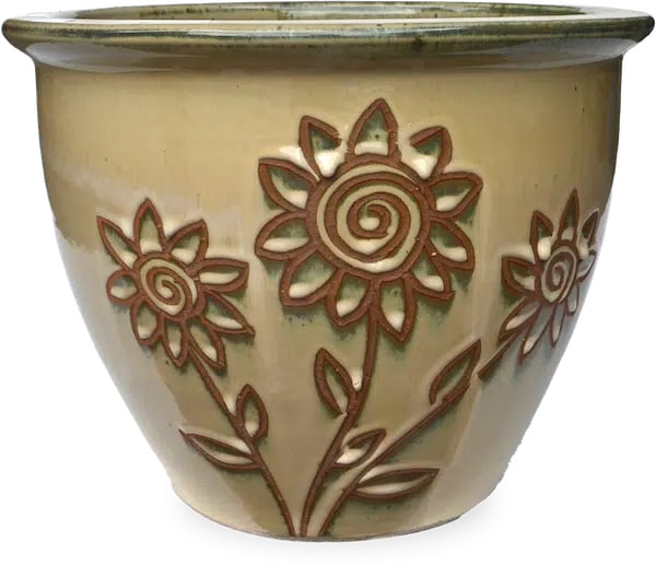 Sol garden planter with sunflower carving