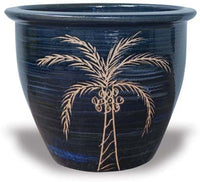 Sol garden pot with coconut palm tree carving, blue