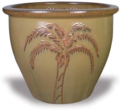 Sol garden pot with coconut palm tree carving, gold