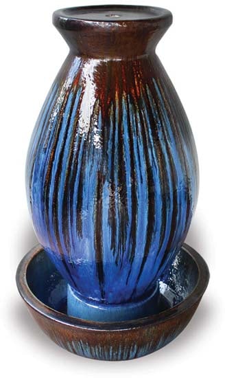 Sol led belly fountain, black gold on sky blue