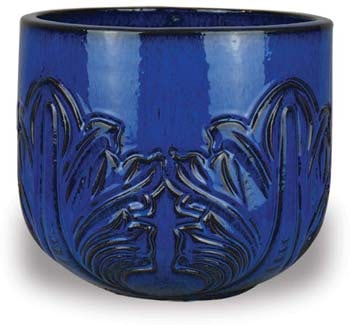 Sol short round planter with blooming flower, blue
