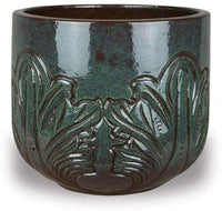 Sol short round planter with blooming flower, green