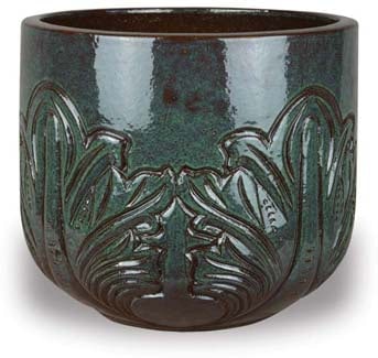 Sol short round planter with blooming flower, green